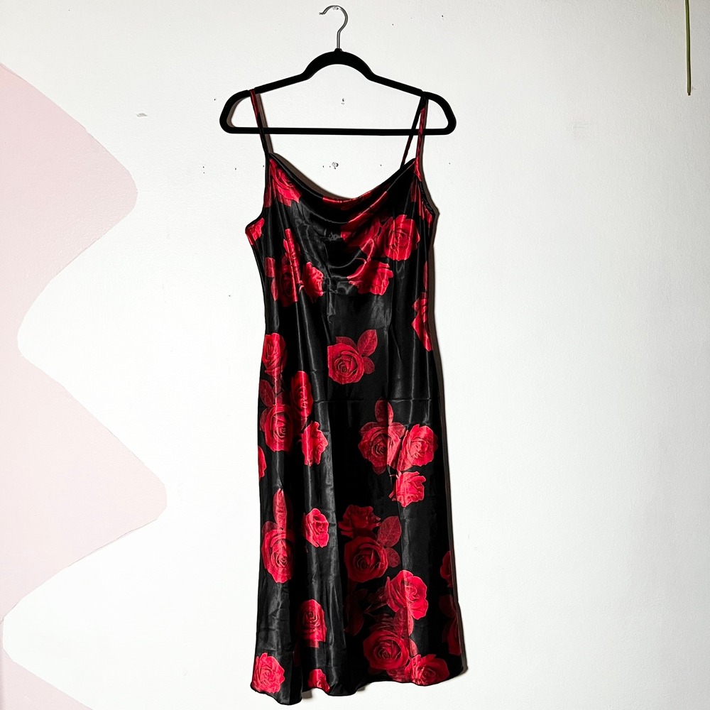 Bebe Midi Slip Dress Medium Black Red Rose Floral Satin Vintage 90s Goth